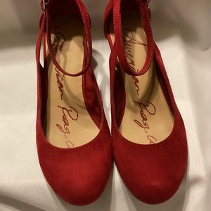 American Rag burgundy suede ankle strap wedge heels 91/2 M